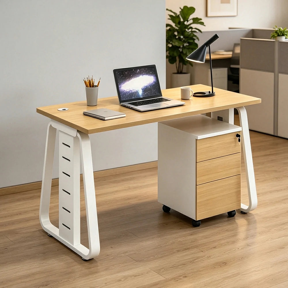 LIVARA 120cm Single Person Office Desk with Hidden Cable Management, Socket Ready, Adjustable Feet & Lockable Mobile Cabinet - Light Wood & White