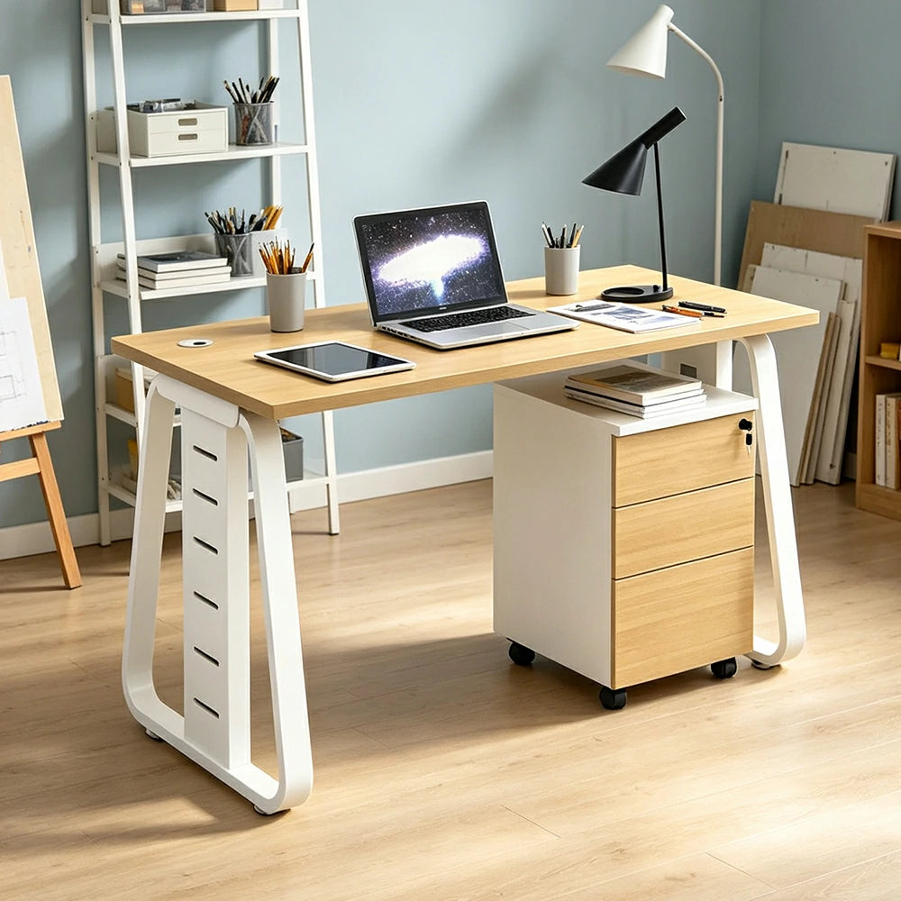 LIVARA 120cm Single Person Office Desk with Hidden Cable Management, Socket Ready, Adjustable Feet & Lockable Mobile Cabinet - Light Wood & White
