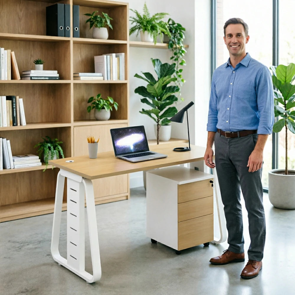 LIVARA 120cm Single Person Office Desk with Hidden Cable Management, Socket Ready, Adjustable Feet & Lockable Mobile Cabinet - Light Wood & White