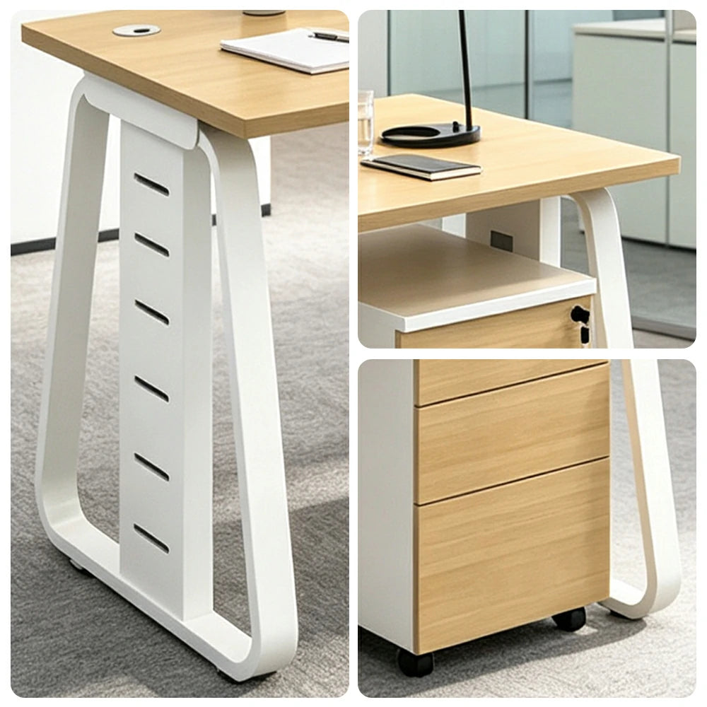 LIVARA 120cm Single Person Office Desk with Hidden Cable Management, Socket Ready, Adjustable Feet & Lockable Mobile Cabinet - Light Wood & White