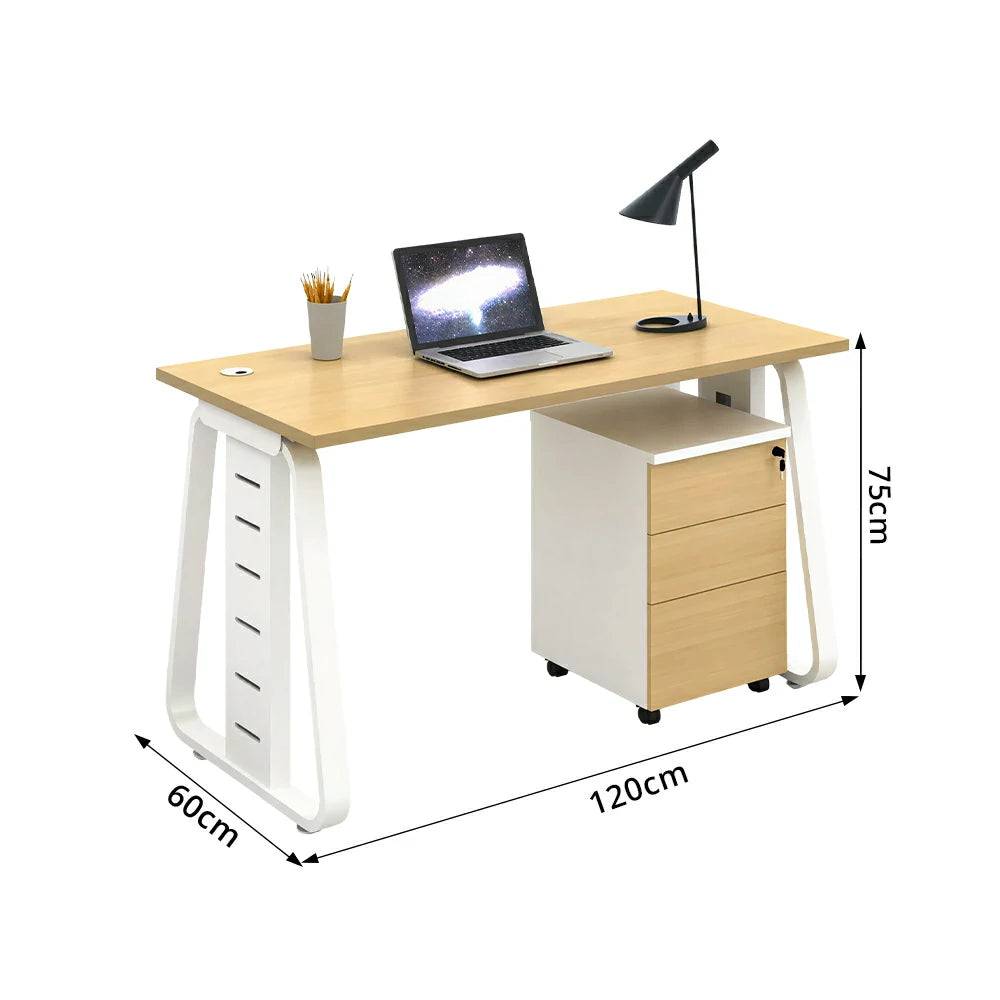 LIVARA 120cm Single Person Office Desk with Hidden Cable Management, Socket Ready, Adjustable Feet & Lockable Mobile Cabinet - Light Wood & White