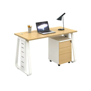 LIVARA 120cm Single Person Office Desk with Hidden Cable Management, Socket Ready, Adjustable Feet & Lockable Mobile Cabinet - Light Wood & White