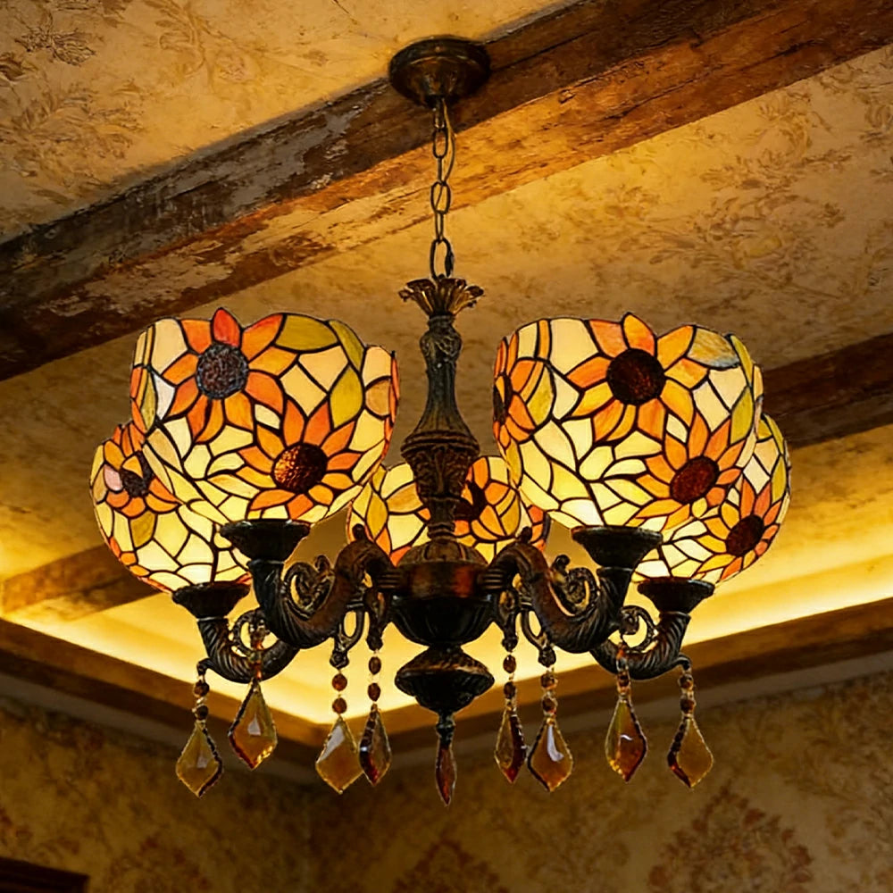 LIVARA 5-Light Stained Glass Chandelier Vintage Pendant Light Adjustable Chain 63x80cm Sunflower Pattern Design for Dining Living Room
