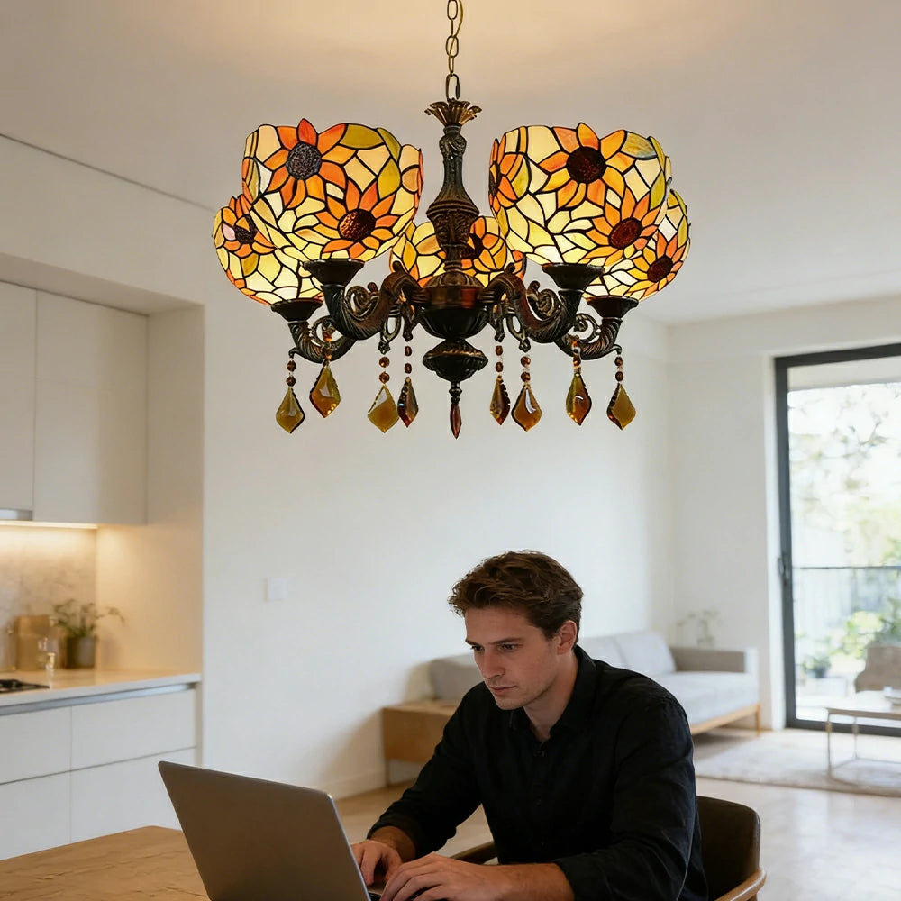 LIVARA 5-Light Stained Glass Chandelier Vintage Pendant Light Adjustable Chain 63x80cm Sunflower Pattern Design for Dining Living Room