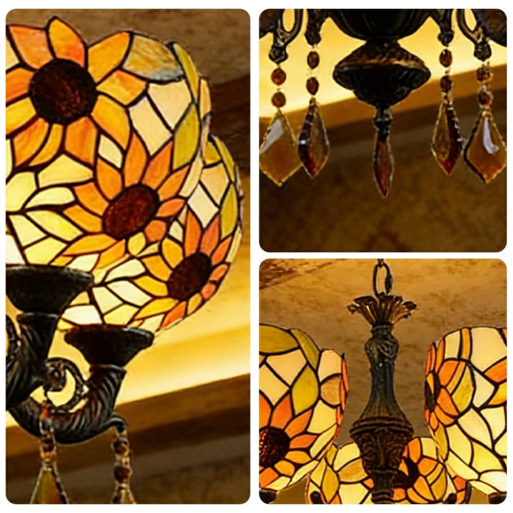 LIVARA 5-Light Stained Glass Chandelier Vintage Pendant Light Adjustable Chain 63x80cm Sunflower Pattern Design for Dining Living Room