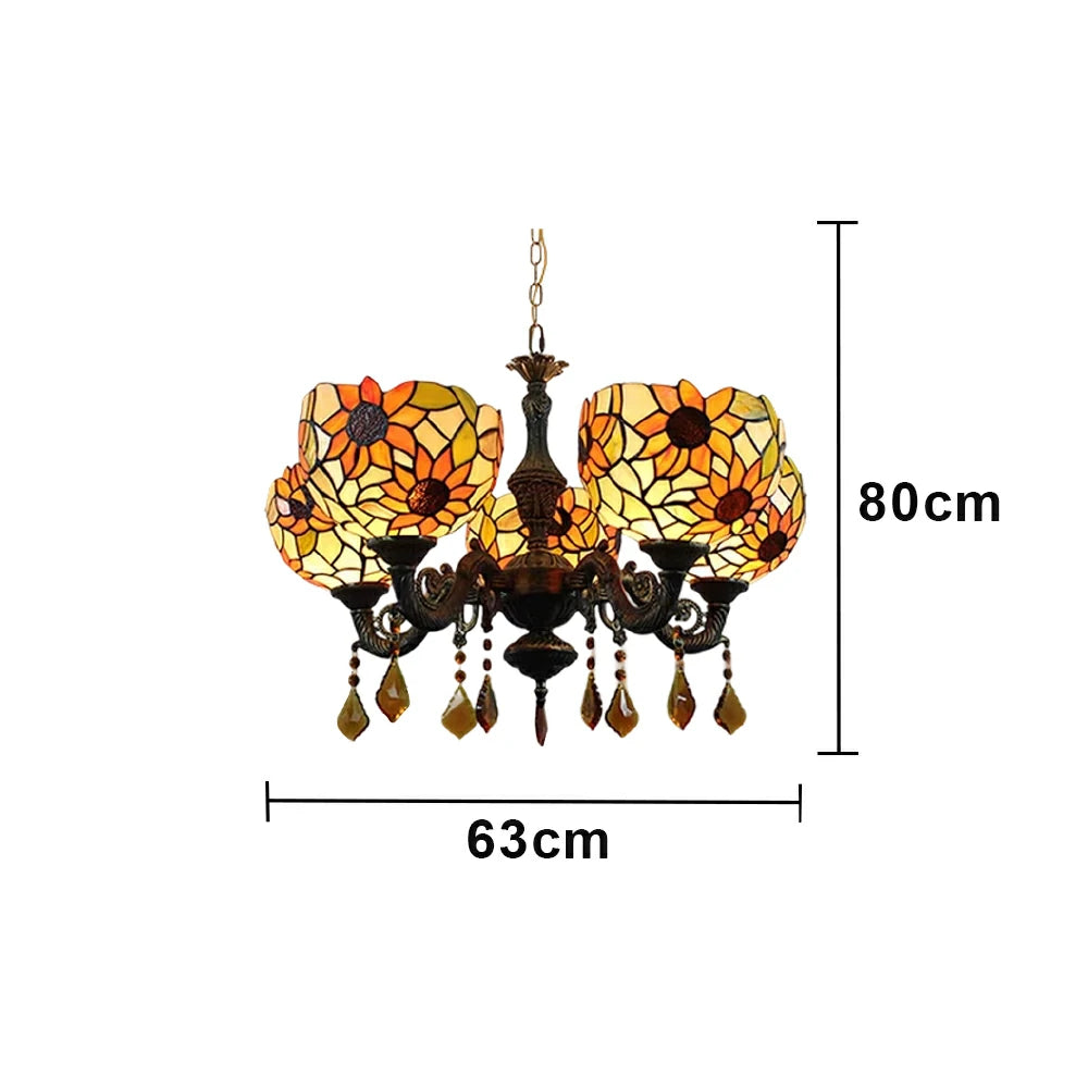 LIVARA 5-Light Stained Glass Chandelier Vintage Pendant Light Adjustable Chain 63x80cm Sunflower Pattern Design for Dining Living Room