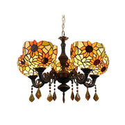 LIVARA 5-Light Stained Glass Chandelier Vintage Pendant Light Adjustable Chain 63x80cm Sunflower Pattern Design for Dining Living Room