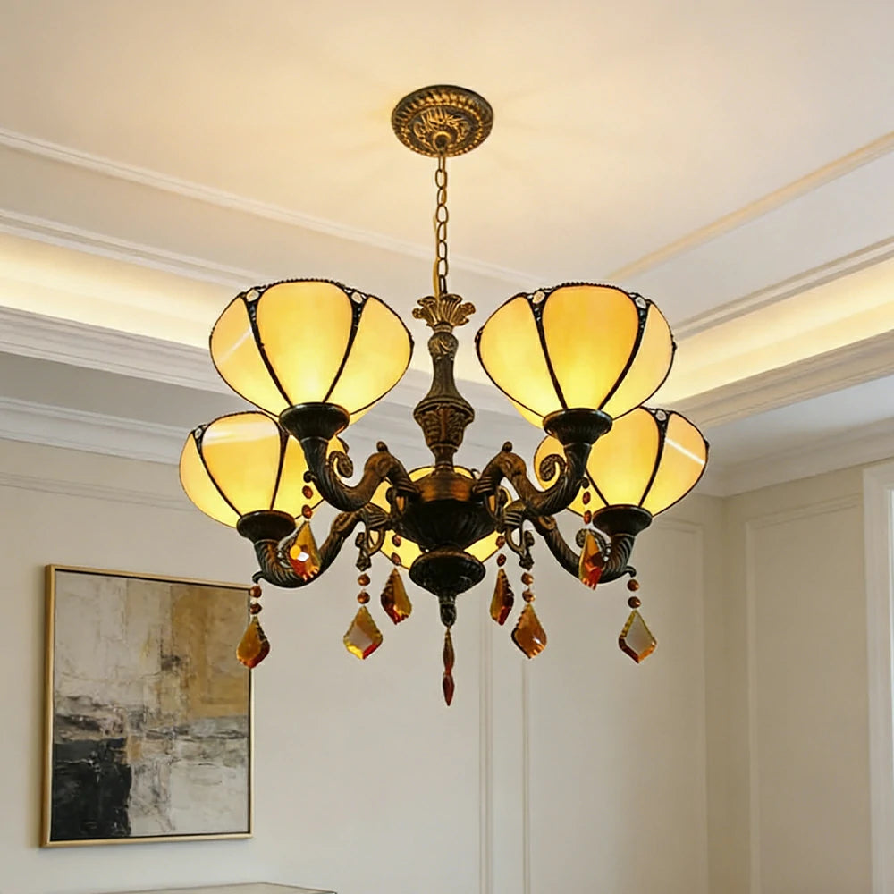 LIVARA 5-Light Stained Glass Chandelier Vintage Pendant Light Adjustable Chain 63x80cm Modern European Style for Dining Living Room