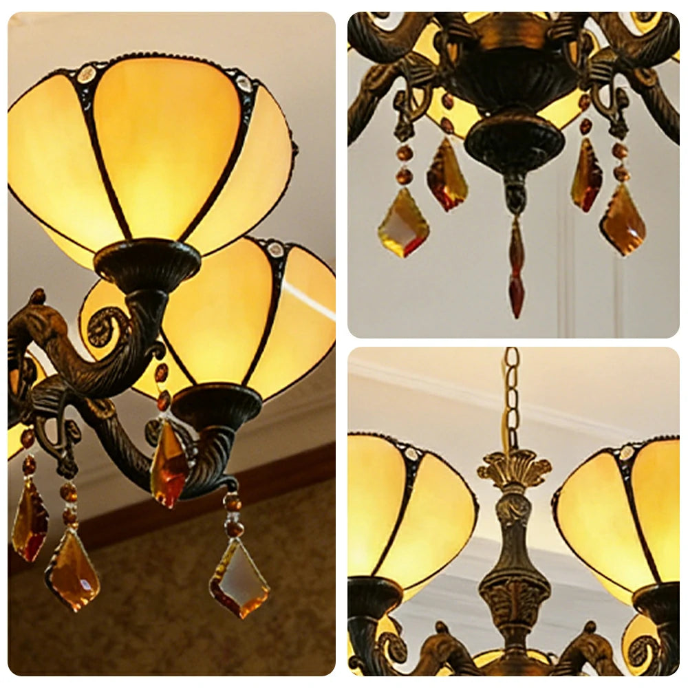LIVARA 5-Light Stained Glass Chandelier Vintage Pendant Light Adjustable Chain 63x80cm Modern European Style for Dining Living Room