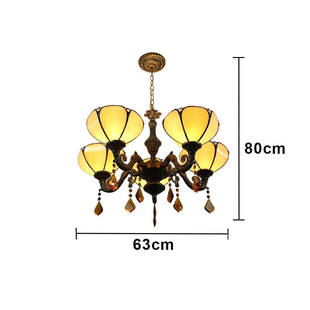LIVARA 5-Light Stained Glass Chandelier Vintage Pendant Light Adjustable Chain 63x80cm Modern European Style for Dining Living Room