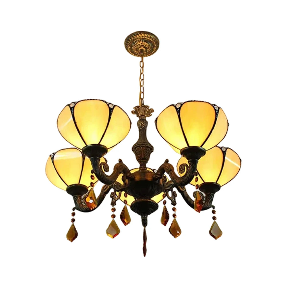 LIVARA 5-Light Stained Glass Chandelier Vintage Pendant Light Adjustable Chain 63x80cm Modern European Style for Dining Living Room