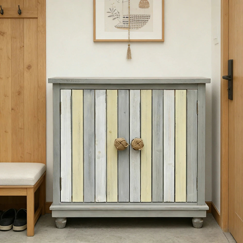 LIVARA Vintage Storage Cabinet Double Door Sideboard Solid Wood MDF Carved Panel French Country Style with Rope Handles