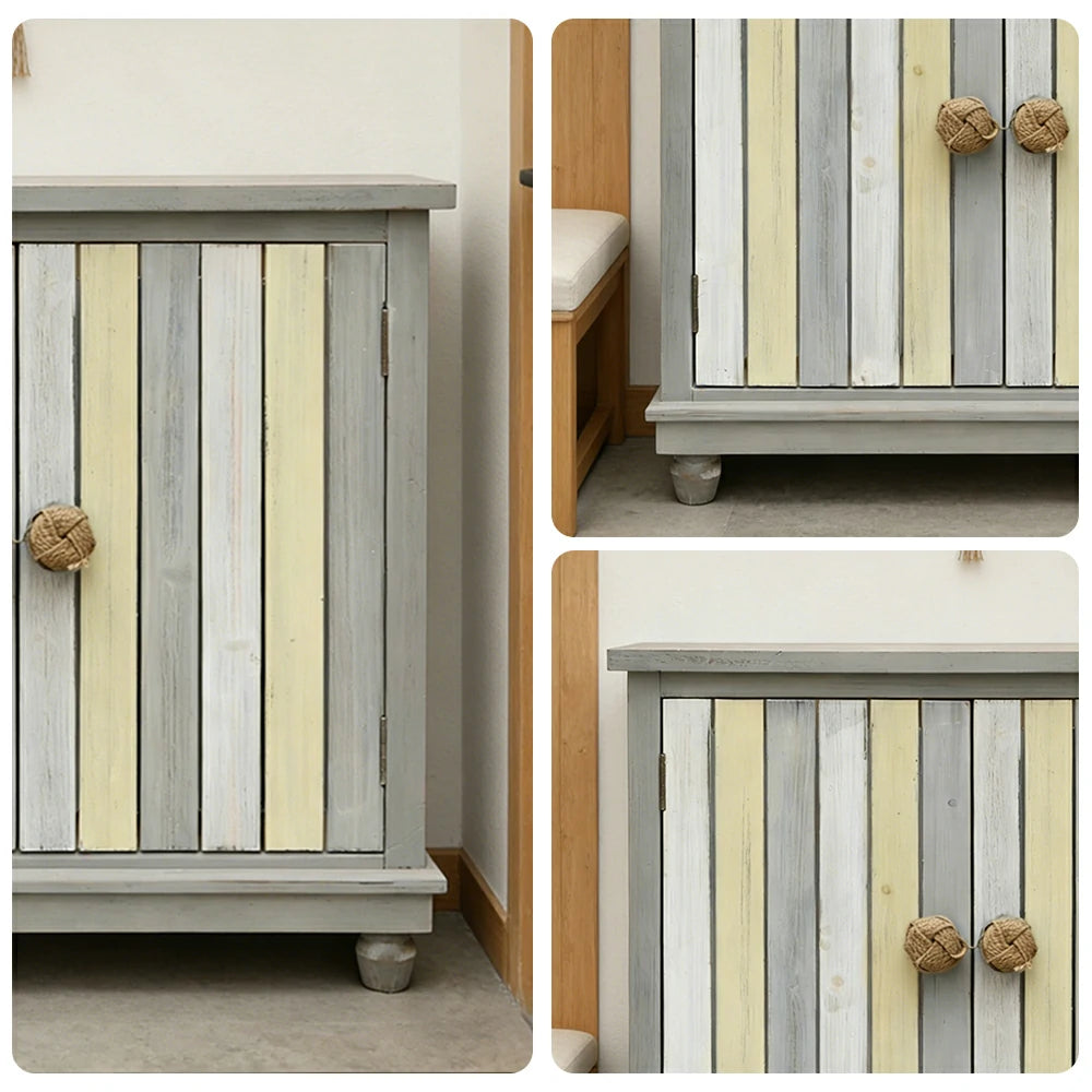 LIVARA Vintage Storage Cabinet Double Door Sideboard Solid Wood MDF Carved Panel French Country Style with Rope Handles