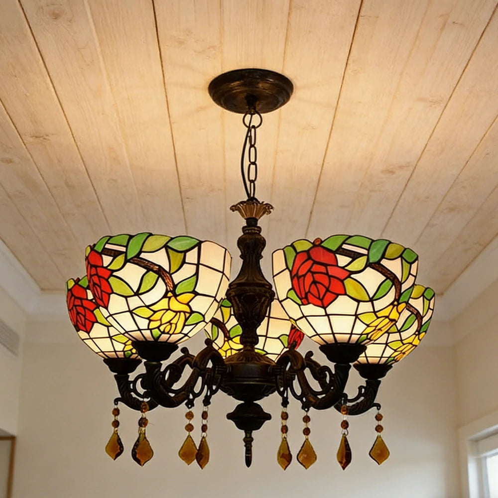 LIVARA 5-Light Stained Glass Chandelier Vintage Pendant Light Adjustable Chain 63x80cm Rose Flower Pattern Design for Dining Living Room