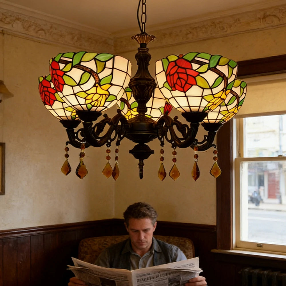 LIVARA 5-Light Stained Glass Chandelier Vintage Pendant Light Adjustable Chain 63x80cm Rose Flower Pattern Design for Dining Living Room