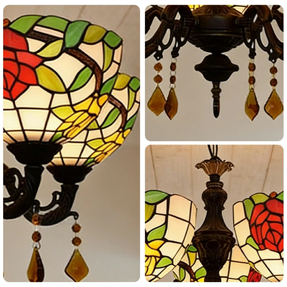 LIVARA 5-Light Stained Glass Chandelier Vintage Pendant Light Adjustable Chain 63x80cm Rose Flower Pattern Design for Dining Living Room