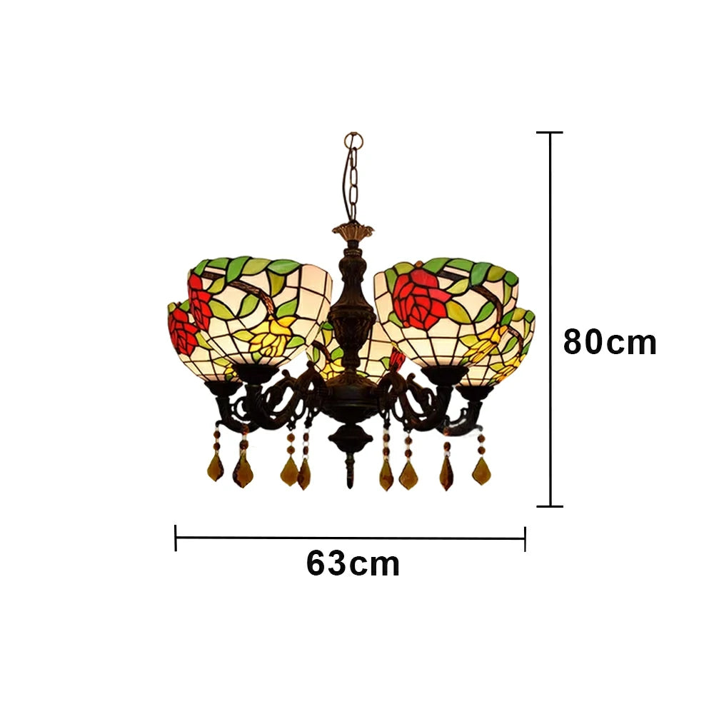 LIVARA 5-Light Stained Glass Chandelier Vintage Pendant Light Adjustable Chain 63x80cm Rose Flower Pattern Design for Dining Living Room