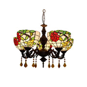 LIVARA 5-Light Stained Glass Chandelier Vintage Pendant Light Adjustable Chain 63x80cm Rose Flower Pattern Design for Dining Living Room