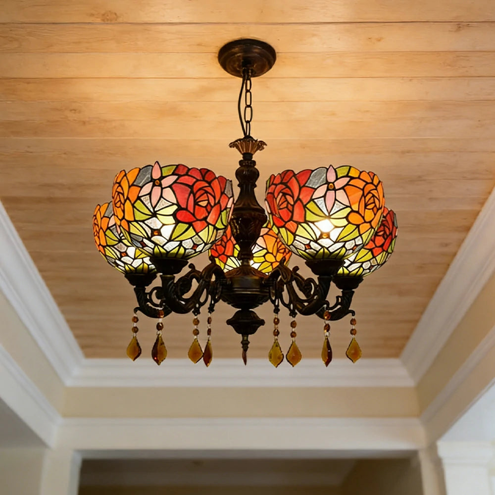 LIVARA 5-Light Stained Glass Chandelier Vintage Pendant Light Adjustable Chain 63x80cm Vivid Rose Pattern Design for Dining Living Room