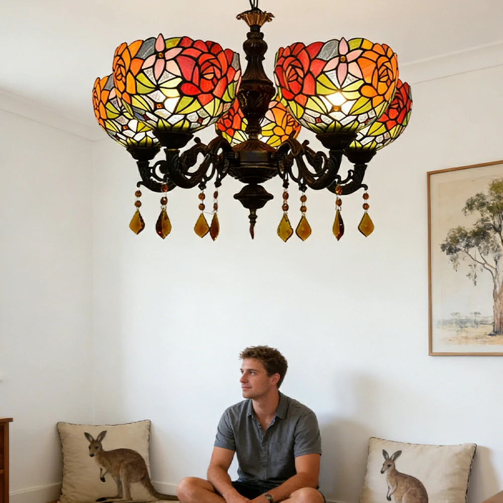 LIVARA 5-Light Stained Glass Chandelier Vintage Pendant Light Adjustable Chain 63x80cm Vivid Rose Pattern Design for Dining Living Room