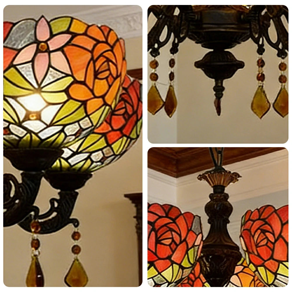 LIVARA 5-Light Stained Glass Chandelier Vintage Pendant Light Adjustable Chain 63x80cm Vivid Rose Pattern Design for Dining Living Room