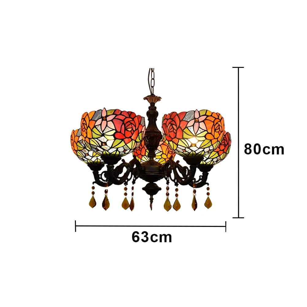 LIVARA 5-Light Stained Glass Chandelier Vintage Pendant Light Adjustable Chain 63x80cm Vivid Rose Pattern Design for Dining Living Room