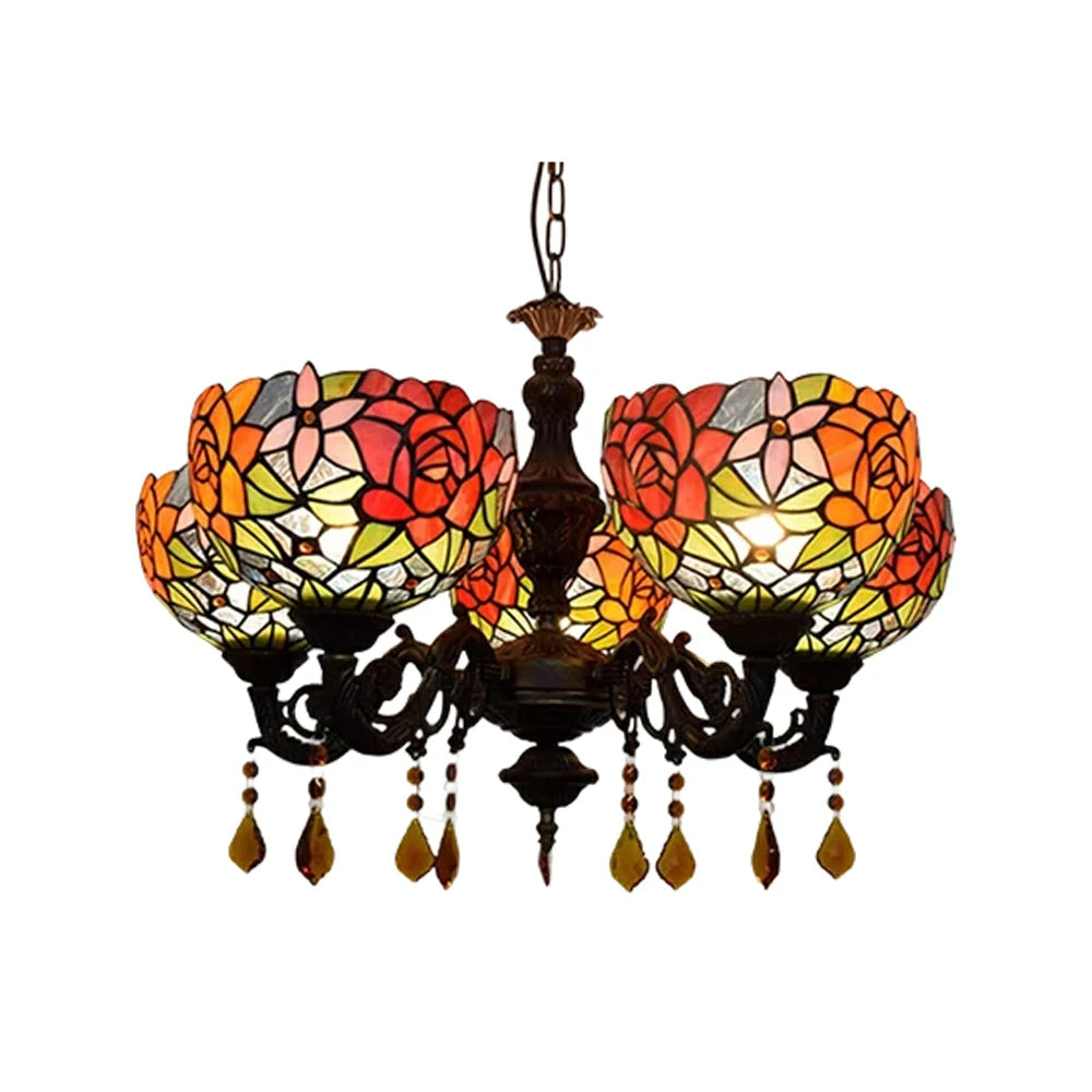 LIVARA 5-Light Stained Glass Chandelier Vintage Pendant Light Adjustable Chain 63x80cm Vivid Rose Pattern Design for Dining Living Room