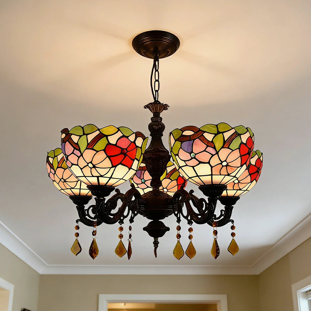 LIVARA 5-Light Stained Glass Chandelier Vintage Pendant Light Adjustable Chain 63x80cm Morning Glory Style Design for Dining Living Room