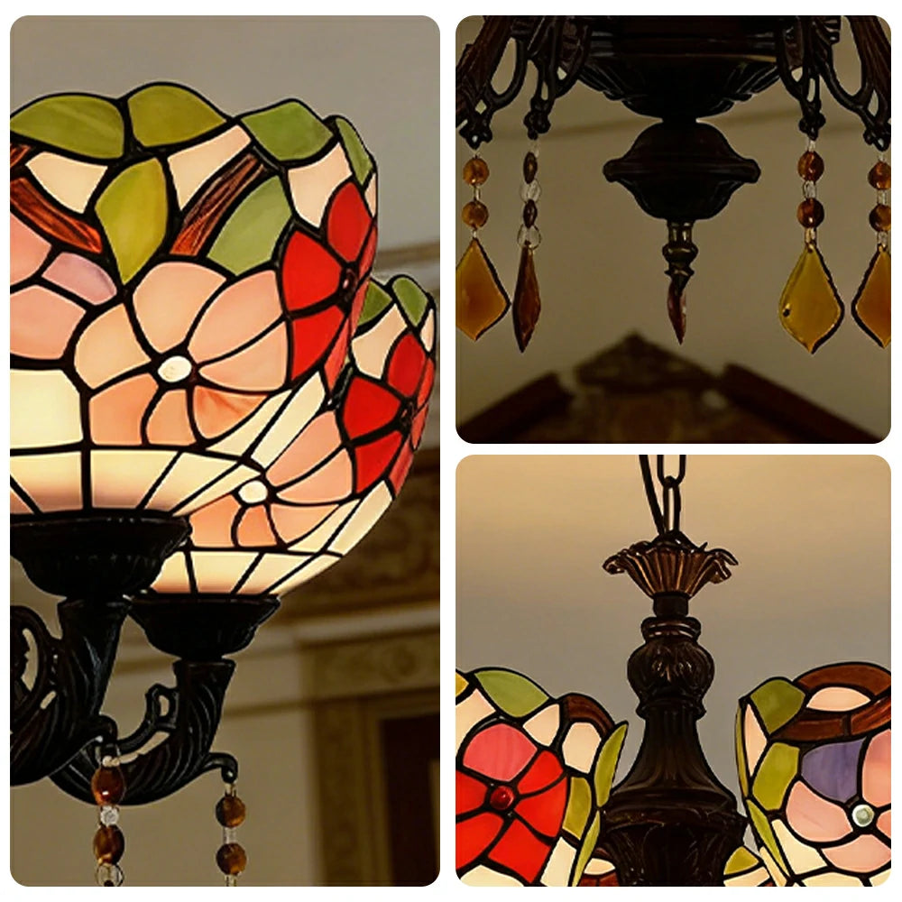 LIVARA 5-Light Stained Glass Chandelier Vintage Pendant Light Adjustable Chain 63x80cm Morning Glory Style Design for Dining Living Room