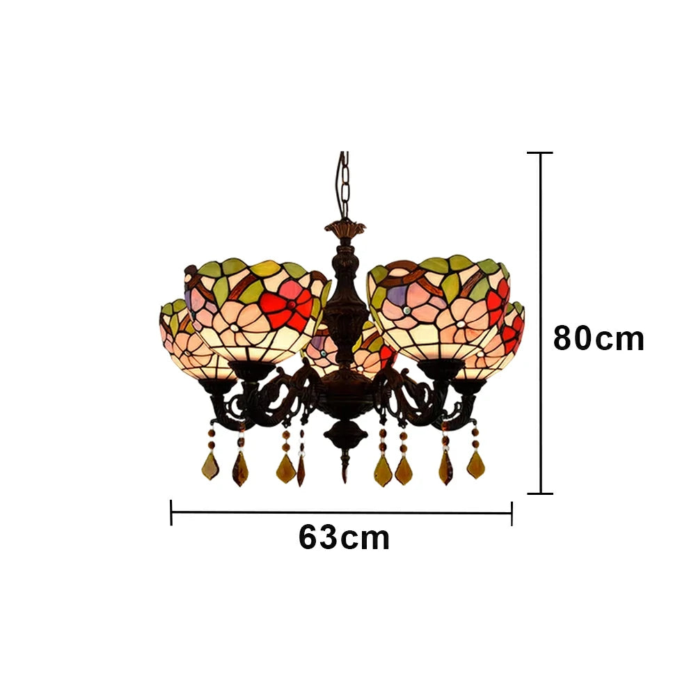 LIVARA 5-Light Stained Glass Chandelier Vintage Pendant Light Adjustable Chain 63x80cm Morning Glory Style Design for Dining Living Room