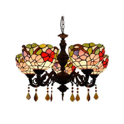 LIVARA 5-Light Stained Glass Chandelier Vintage Pendant Light Adjustable Chain 63x80cm Morning Glory Style Design for Dining Living Room