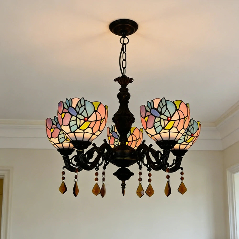 LIVARA 5-Light Stained Glass Chandelier Vintage Pendant Light Adjustable Chain 60x80cm Bird Pattern Design for Dining Living Room