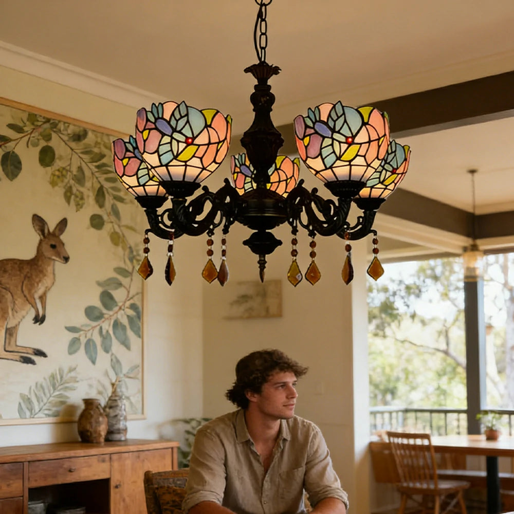 LIVARA 5-Light Stained Glass Chandelier Vintage Pendant Light Adjustable Chain 60x80cm Bird Pattern Design for Dining Living Room