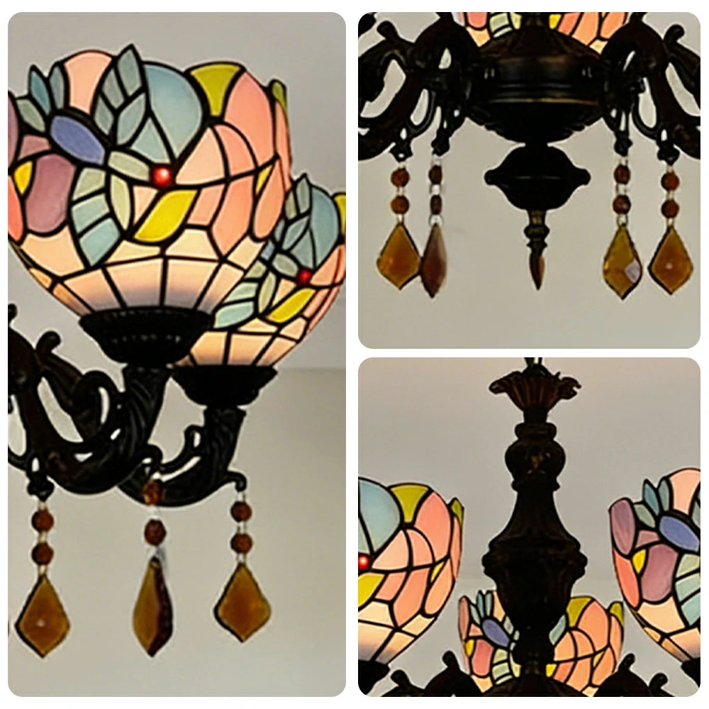 LIVARA 5-Light Stained Glass Chandelier Vintage Pendant Light Adjustable Chain 60x80cm Bird Pattern Design for Dining Living Room