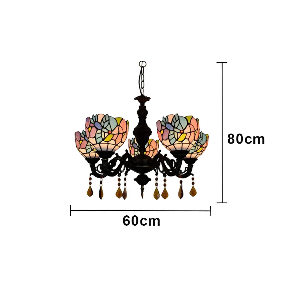 LIVARA 5-Light Stained Glass Chandelier Vintage Pendant Light Adjustable Chain 60x80cm Bird Pattern Design for Dining Living Room