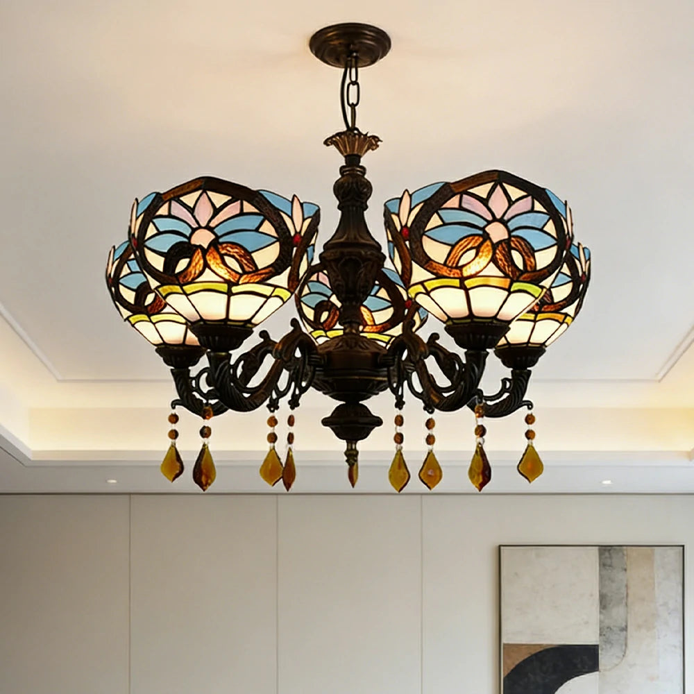 LIVARA 5-Light Stained Glass Chandelier Vintage Pendant Light Adjustable Chain 63x80cm Heart Pattern Design for Dining Living Room