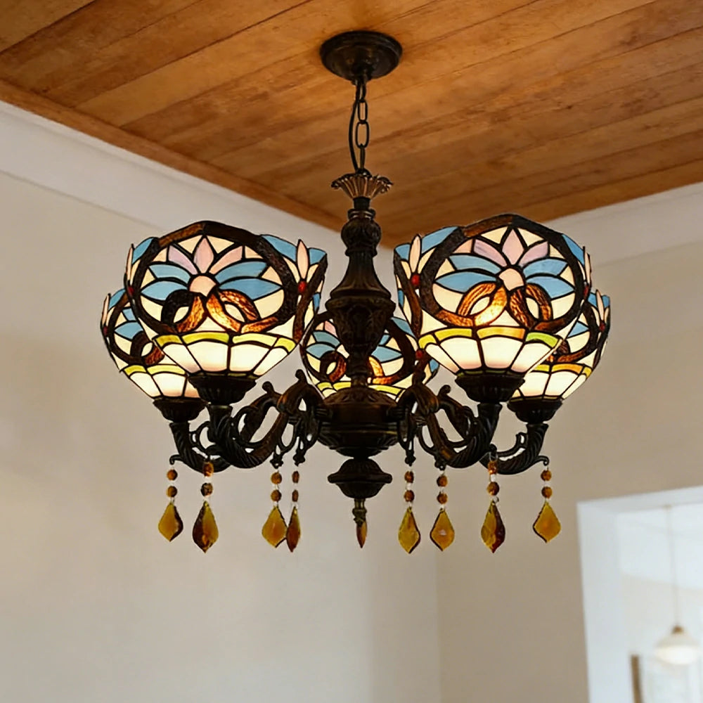 LIVARA 5-Light Stained Glass Chandelier Vintage Pendant Light Adjustable Chain 63x80cm Heart Pattern Design for Dining Living Room