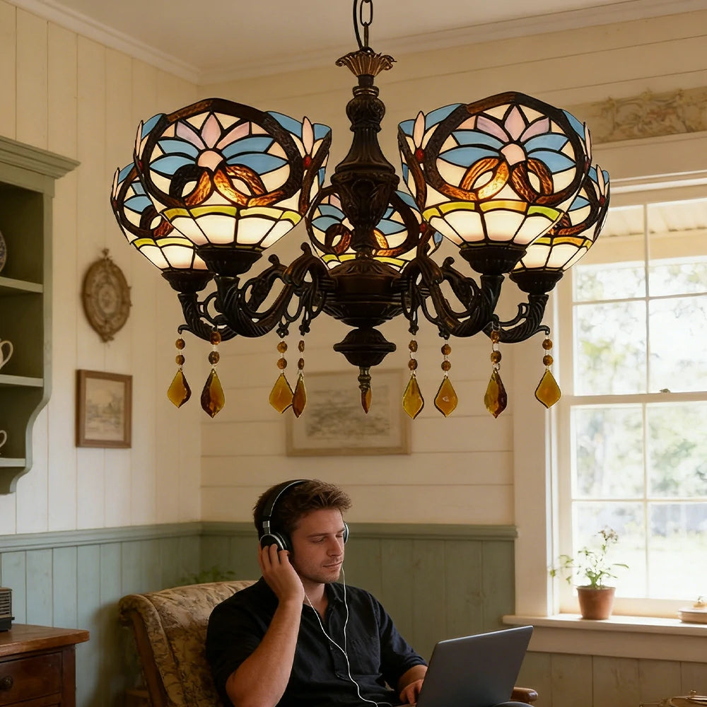 LIVARA 5-Light Stained Glass Chandelier Vintage Pendant Light Adjustable Chain 63x80cm Heart Pattern Design for Dining Living Room