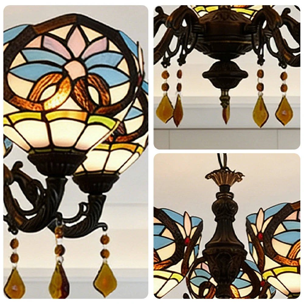 LIVARA 5-Light Stained Glass Chandelier Vintage Pendant Light Adjustable Chain 63x80cm Heart Pattern Design for Dining Living Room