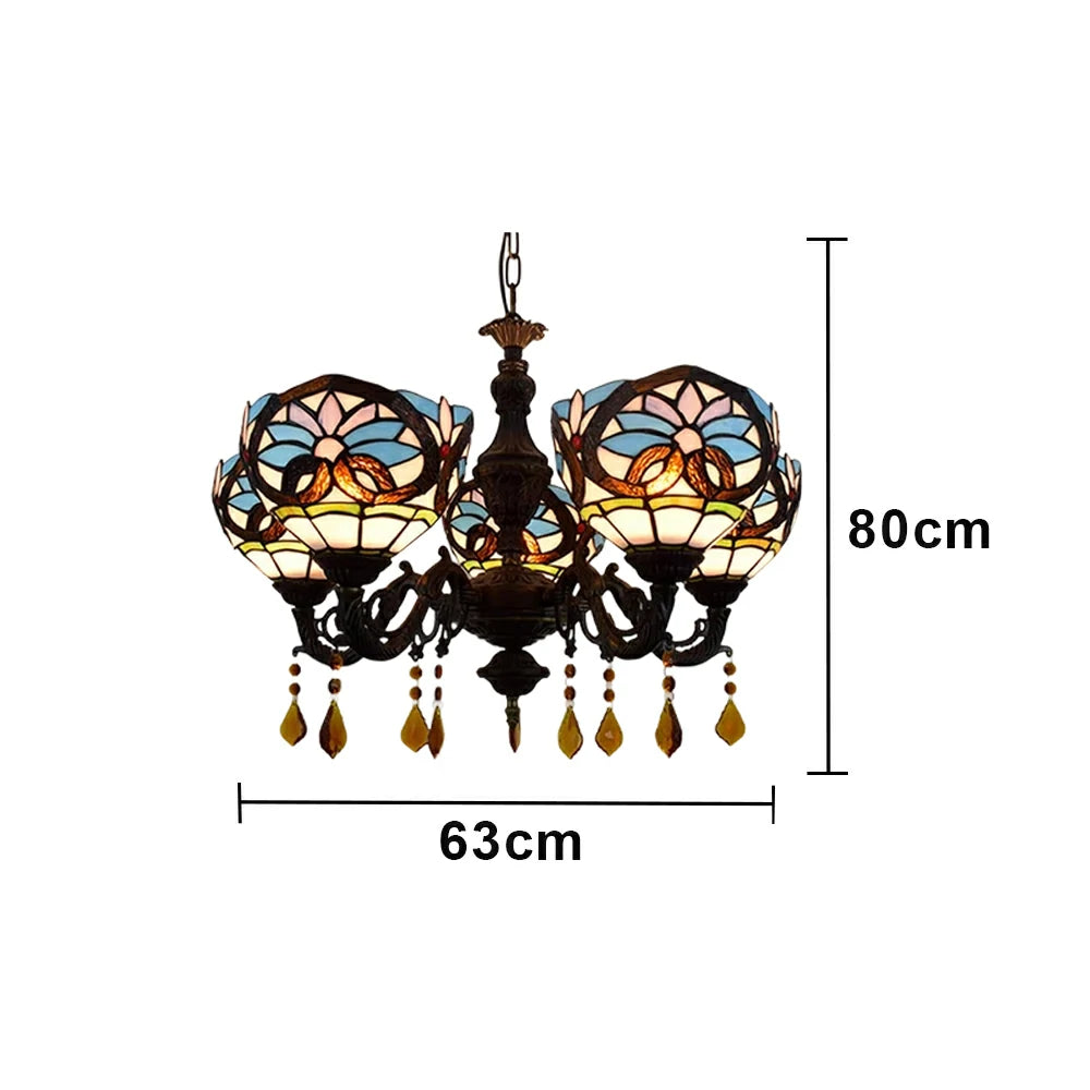 LIVARA 5-Light Stained Glass Chandelier Vintage Pendant Light Adjustable Chain 63x80cm Heart Pattern Design for Dining Living Room