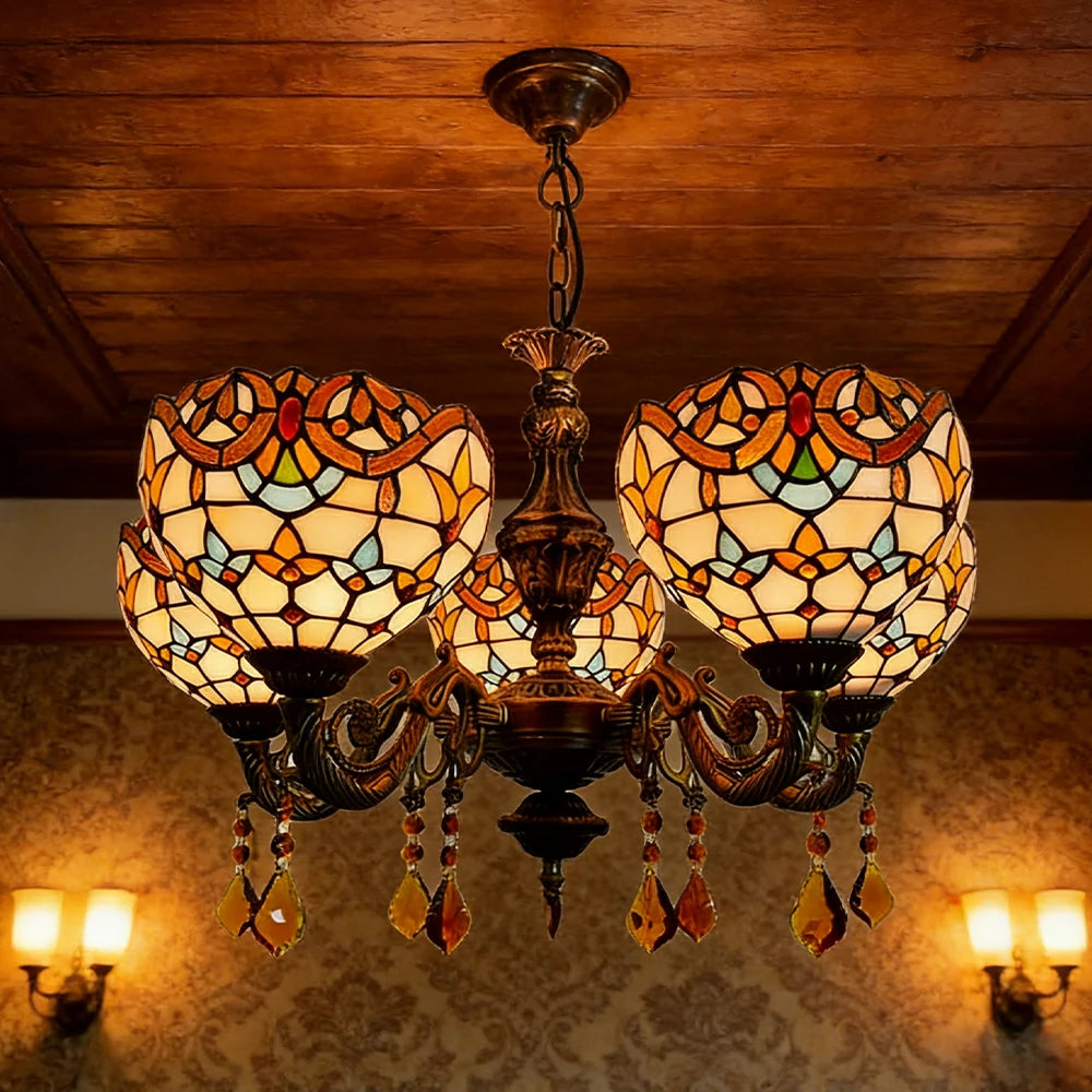 LIVARA 5-Light Stained Glass Chandelier Vintage Pendant Light Adjustable Chain 63x80cm Baroque Style Design for Dining Living Room