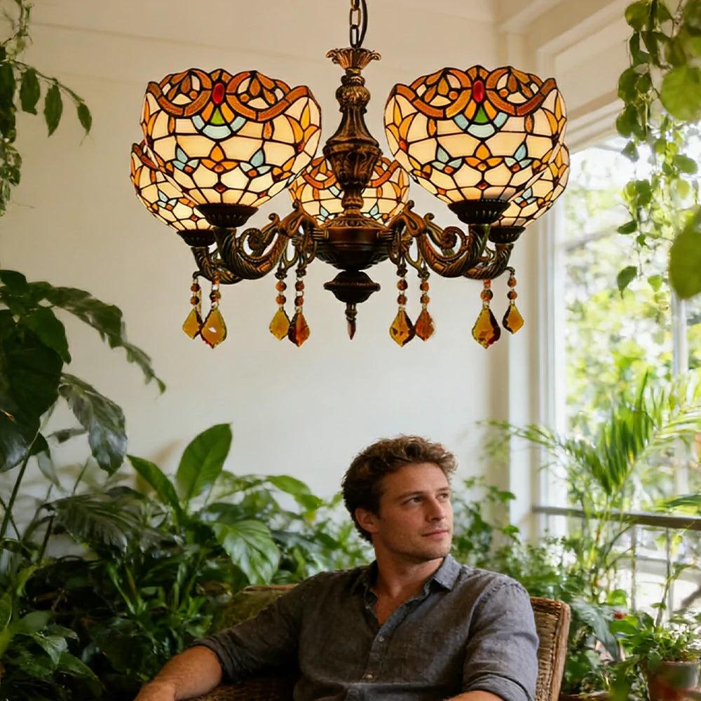 LIVARA 5-Light Stained Glass Chandelier Vintage Pendant Light Adjustable Chain 63x80cm Baroque Style Design for Dining Living Room