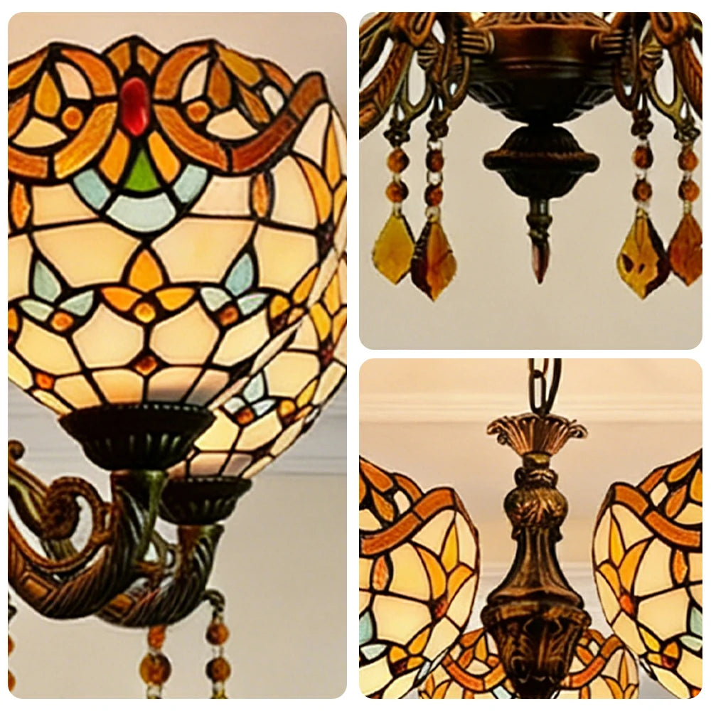 LIVARA 5-Light Stained Glass Chandelier Vintage Pendant Light Adjustable Chain 63x80cm Baroque Style Design for Dining Living Room