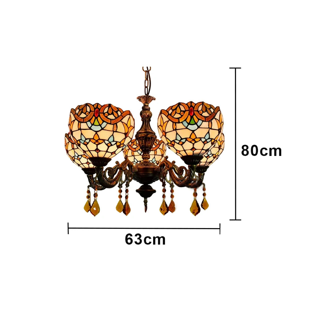 LIVARA 5-Light Stained Glass Chandelier Vintage Pendant Light Adjustable Chain 63x80cm Baroque Style Design for Dining Living Room