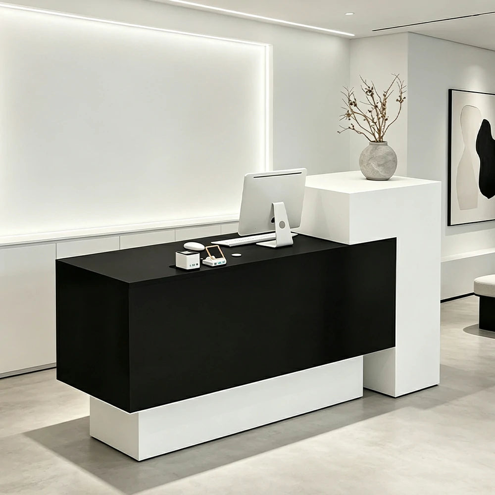 LIVARA Modern Two-Level Reception Counter with Raised Side Cabinet for Retail Store - White & Black, High Cabinet Left