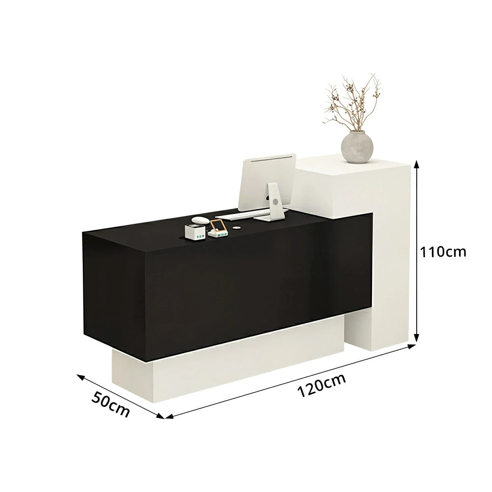 LIVARA Modern Two-Level Reception Counter with Raised Side Cabinet for Retail Store - White & Black, High Cabinet Left