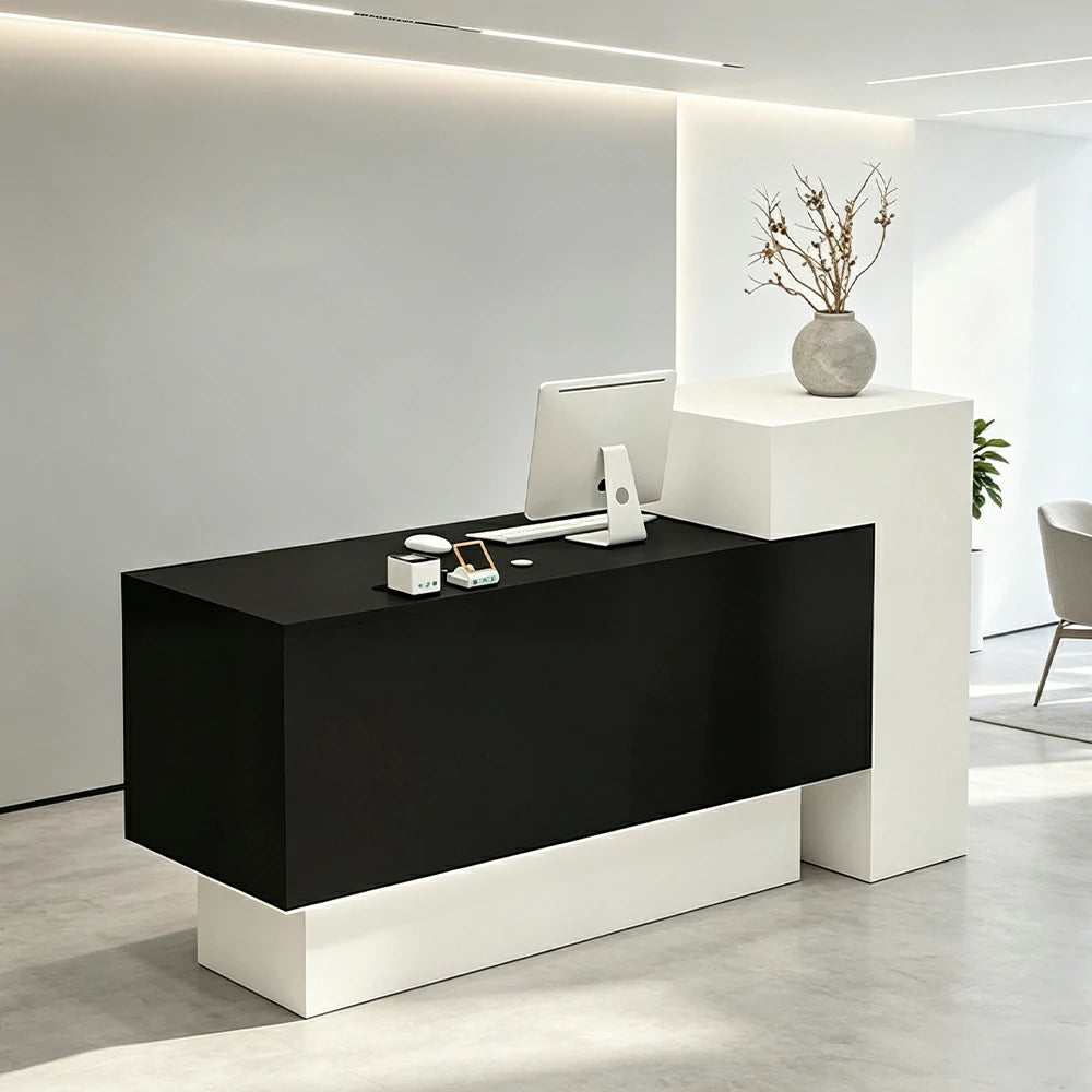 LIVARA Modern Two-Level Reception Counter with Raised Side Cabinet for Retail Store - White & Black, High Cabinet Left