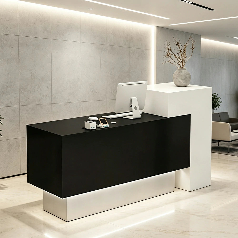LIVARA Modern Two-Level Reception Counter with Raised Side Cabinet for Retail Store - White & Black, High Cabinet Left