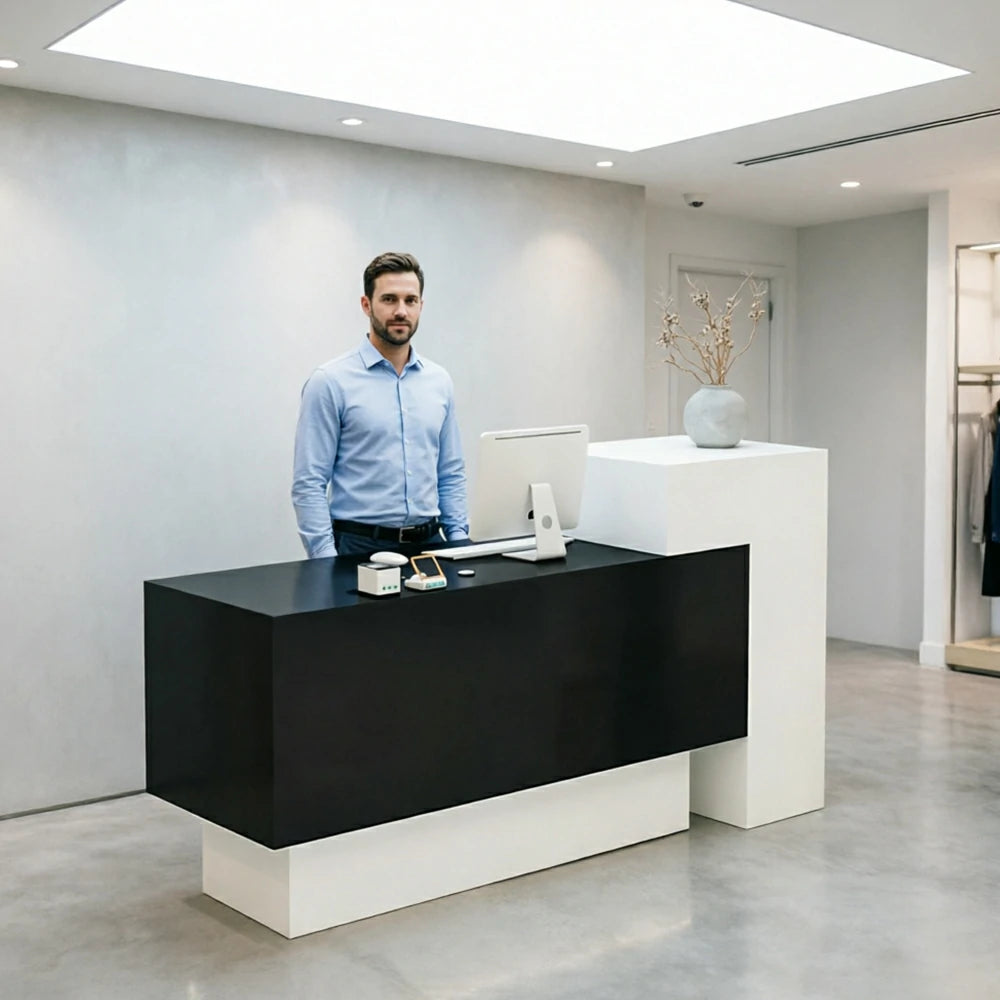 LIVARA Modern Two-Level Reception Counter with Raised Side Cabinet for Retail Store - White & Black, High Cabinet Left
