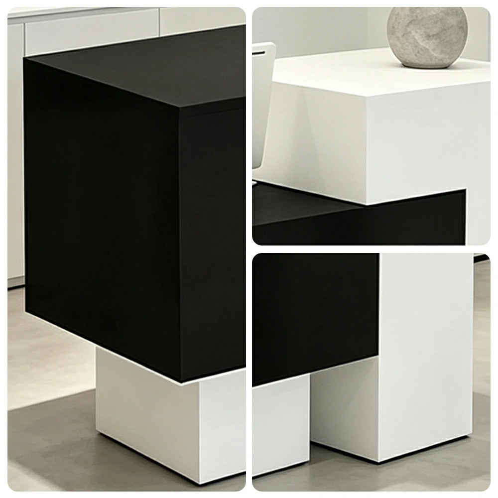 LIVARA Modern Two-Level Reception Counter with Raised Side Cabinet for Retail Store - White & Black, High Cabinet Left